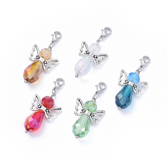 Faceted Glass Pendants, with Tibetan Style Alloy Beads and Lobster Claw Clasps, Fairy