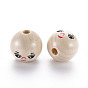 Printed Natural Wood European Beads, Undyed, Large Hole Beads, Round with Expression Pattern