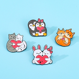 Valentine's Day Hugging Animal with Heart Enamel Pins, Alloy Brooches, Penguin/Cat/Fox