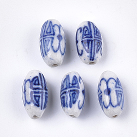 Cuentas de porcelana hechas a mano, porcelana azul y blanca, oval