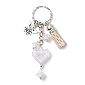 Heart Acrylic Keychain,  with Faux Suede Tassel & Angel Alloy Pendants and Iron Split Key Rings