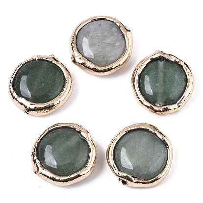 Natural Green Aventurine Beads, with Light Gold Plated Polymer Clay Edge, Flat Round