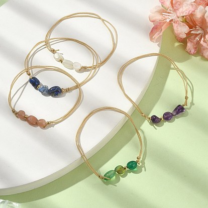 Mixed Natural White Moonstone & Agate & Amethyst & Sunstone & Lapis Lazuli Round Braided Beaded Bracelets for Women, Adjustable Cord Bracelets