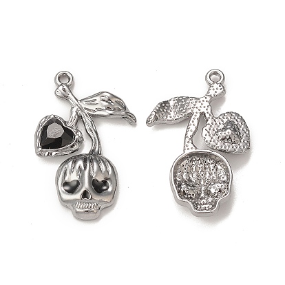 Alloy Glass Pendants, Gunmetal, Skull with Leaf Charms
