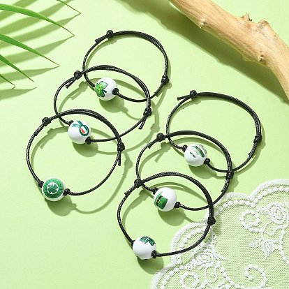 Saint Patrick's Day Wood Round Braided Beaded Bracelets, Waxed Polyester Cords Adjustable Bracelet