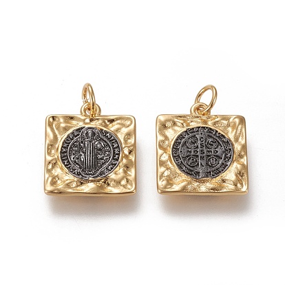 Brass Pendants, with Jump Rings, Long-Lasting Plated, Square with Saint Benedict Medal/Saint Benedict