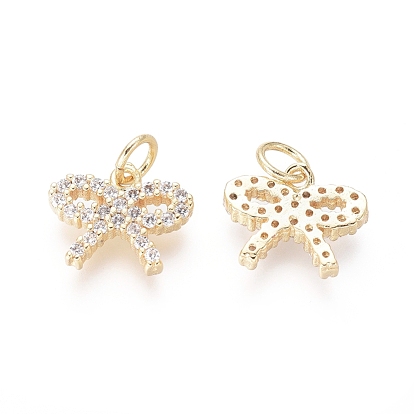 Brass Charms, with Clear Cubic Zirconia and Jump Rings, Bowknot