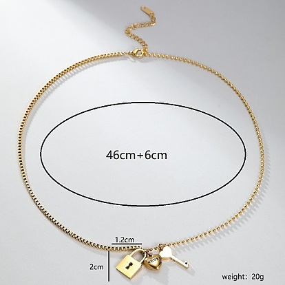 Heart & Key & Lock Stainless Steel Pendant Necklaces, Rhinestone & Ball Chain Necklace for Women
