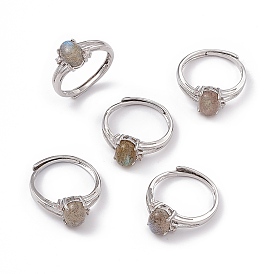 Oval Natural Labradorite Adjustable Rings, Platinum Tone Brass Jewelry for Men Women