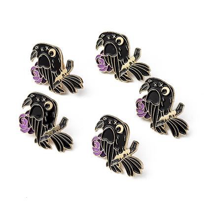 Creative Zinc Alloy Brooches, Enamel Lapel Pin, with Iron Butterfly Clutches or Rubber Clutches, Bird with Rose, Golden