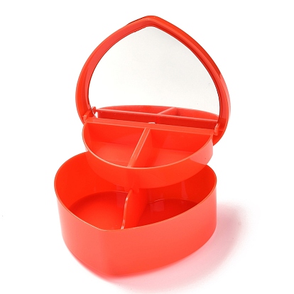 Heart Plastic Jewelry Boxes, Double Layer with Cover and Mirror