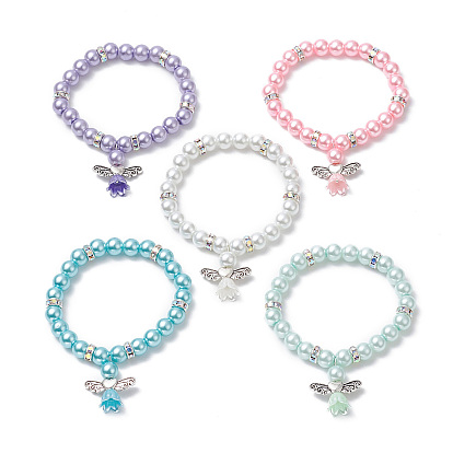 Glass Imitation Pearl Beaded Bracelets, Alloy Angel Pendant Bracelets for Women