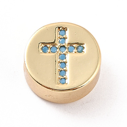 Rack Plating Brass Micro Pave Cubic Zirconia Beads, Cadmium Free & Lead Free, Real 18K Gold Plated, Flat Round with Cross Pattern