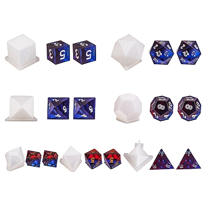 7 ensembles 7 moules en silicone de style diy dés, moules de résine, outils de moule d'artisanat en argile, triangle & bicône & polygone & cube & cône