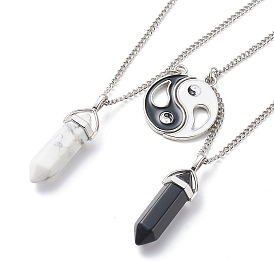 2Pcs 2 Style Natural Gemstone & Black Obsidian Bullet Pendant Necklaces Set, Alloy Enamel Yin Yang Matching Couple Necklaces for Men Women