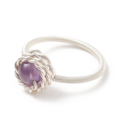 Gemstone Round Finger Ring, Silver Copper Wire Wrapped Jewelry for Women