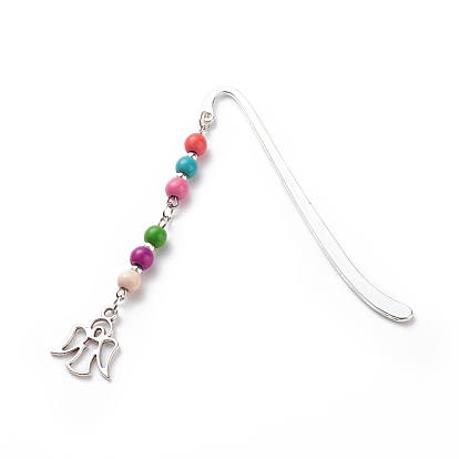 Synthetic Dyed Turquoise Beaded Bookmarks, Alloy Angel Pendants Bookmarks, Tibetan Style Hook Book Marker