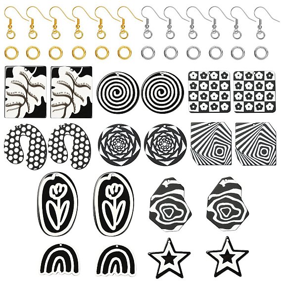 Opaque Acrylic Pendants, Black & White, Iron Open Jump Rings, Brass Earring Hooks, Ear Wire, with Beads