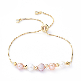 Adjustable Brass Slider Bracelets, Bolo Bracelets, with Natural Pearl Beads, Cubic Zirconia and Brass Beads