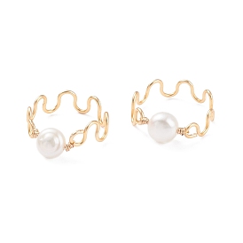 Natural Cultured Freshwater Pearl Bead Rings for Women, Copper Wrapped Wave Ring