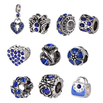 Mixed Shapes Alloy Glass Rhinestone European Beads, 10~26x9~12x1~10.5mm, Hole: 4.5~5mm, 10pcs/set