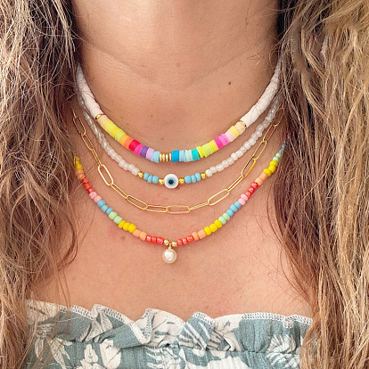 Boho Rainbow Ceramic Beaded Layered Choker Necklace with Lock, Fashionable and Stylish.
