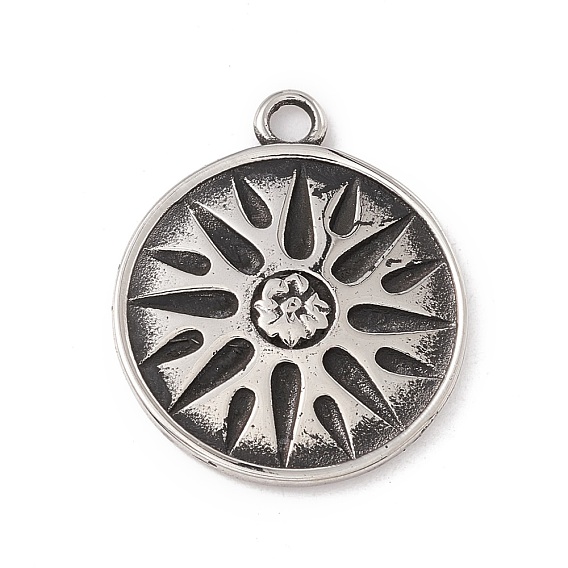 304 pendentif en acier inoxydable, plat et circulaire avec fleur