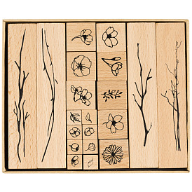 Timbres en bois, motif de fleurs et de branches