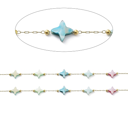 Colorful Natural Shell Star & Brass Beaded Link Chains, with Ion Plating(IP) Golden 304 Stainless Steel Paperclip Chains, Soldered, with Spool