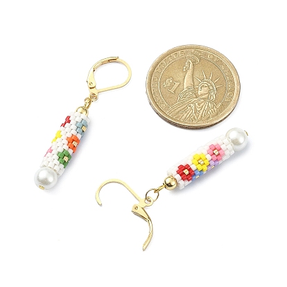 Glass Seed Braided Column with Flower Dangle Leverback Earrings, Golden 304 Stainless Steel Long Drop Earrings for Women