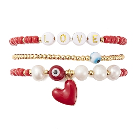 Ensemble de bracelets extensibles en perles naturelles, en verre et en acrylique, style pièces, Bracelets empilables mauvais œil et cœur en laiton pour la Saint-Valentin