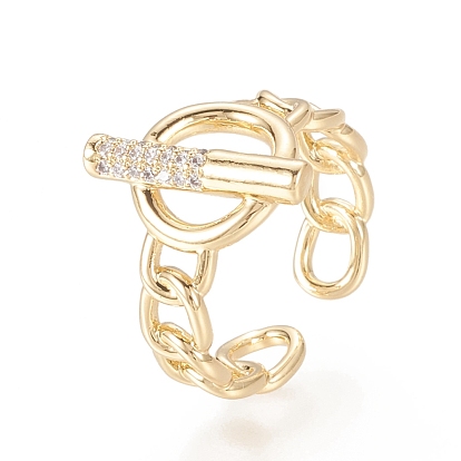 Brass Micro Pave Clear Cubic Zirconia Cuff Rings, Open Rings, Long-Lasting Plated, Clasp & Chain