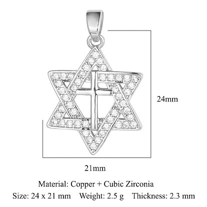 Brass Micro Pave Clear Cubic Zirconia Pendants, Star of David with Cross Charms