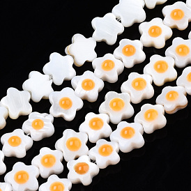 Natural Freshwater Shell Beads Strands, Single Side with Enamel, Flower