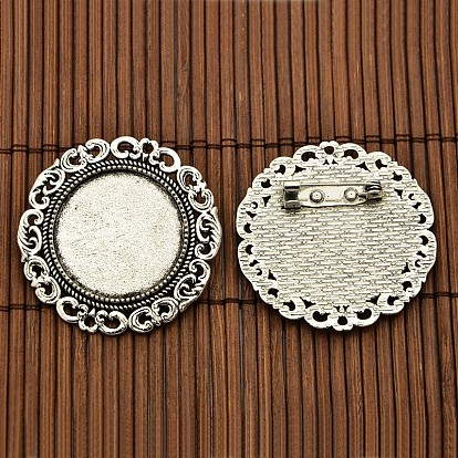 25 mm cabochons de verre transparent et les supports broche rond et plat de style tibétain, sans cadmium et sans nickel et sans plomb, supports cabochons: 39 mm, Plateau: 25 mm, pin: 0.8 mm