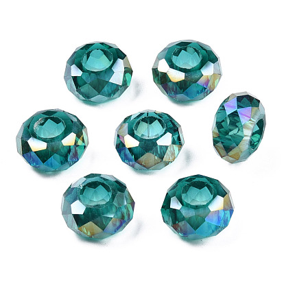 Glass European Beads, Large Hole Beads, No Metal Core, AB Color Plated, Faceted Rondelle