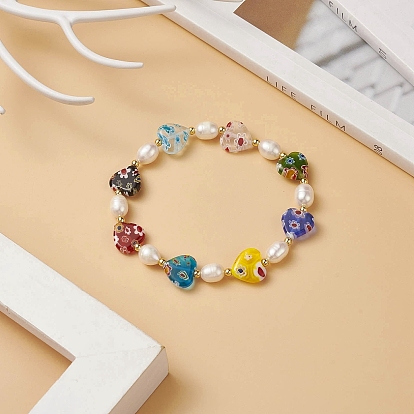 Bracelet extensible en perles de verre et perles naturelles millefiori pour femme