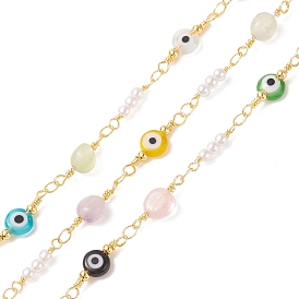 Glass Evil Eye & Natural Mixed Gemstone Nugget Beaded Chains, with Real 18K Gold Plated Brass Findings, Soldered, with Spools, Cadmium Free & Lead Free
