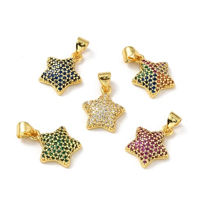 Brass Micro Pave Cubic Zirconia Pendants, Real 18K Gold Plated, Lead Free & Cadmium Free & Nickel Free, Star