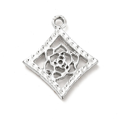 Alloy Rhinestone Pendants, Platinum Tone Rhombus with Hollow Out Rose Charms
