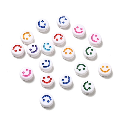Perles acryliques opaques, plat rond avec motif de visage souriant