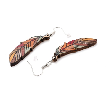 Bohemia Vintage Wood Feather Dangle Earrings, Zinc Alloy Drop Earrings for Women