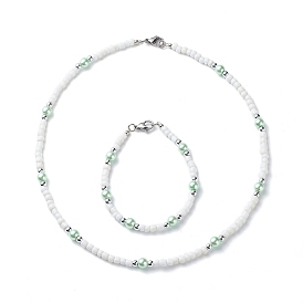 Plastic & Glass Pearl & Seed Beaded Bracelet and Necklace, Jewelry Set for Women
