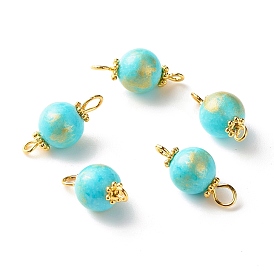 Natural Mashan Jade Connector Charms, Round Links with Golden Plated Alloy and Brass Findings