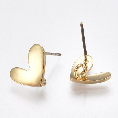 Brass Stud Earring Findings, with Loop, Real 18K Gold Plated, with Raw(Unplated) Silver Pins, Heart