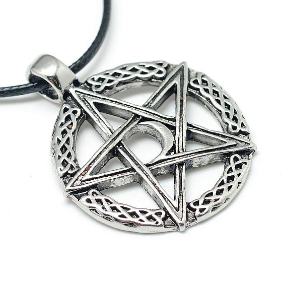 Alloy Pendant Necklaces, Wicca Jewelry, with Waxed Cord and Iron End Chains, Star and Moon