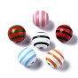 Painted Natural Wood European Beads, Large Hole Beads, Printed, Round with Stripe