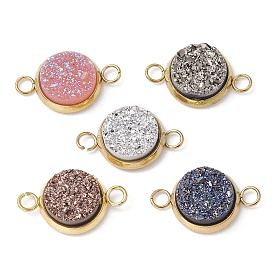 Resin Imitation Druzy Agate Connector Charms, Ion Plating(IP) 304 Stainless Steel Flat Round Links