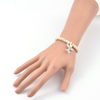 Kids Bracelets Wood Bead Stretch Bracelets, with Alloy Acrylic Pendants, Lovely Wedding Dress Angel Dangle, 45mm