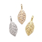 Rack Plating Brass Micro Pave Clear Cubic Zirconia Pendants, Long-Lasting Plated, Cadmium Free & Lead Free, Leaf